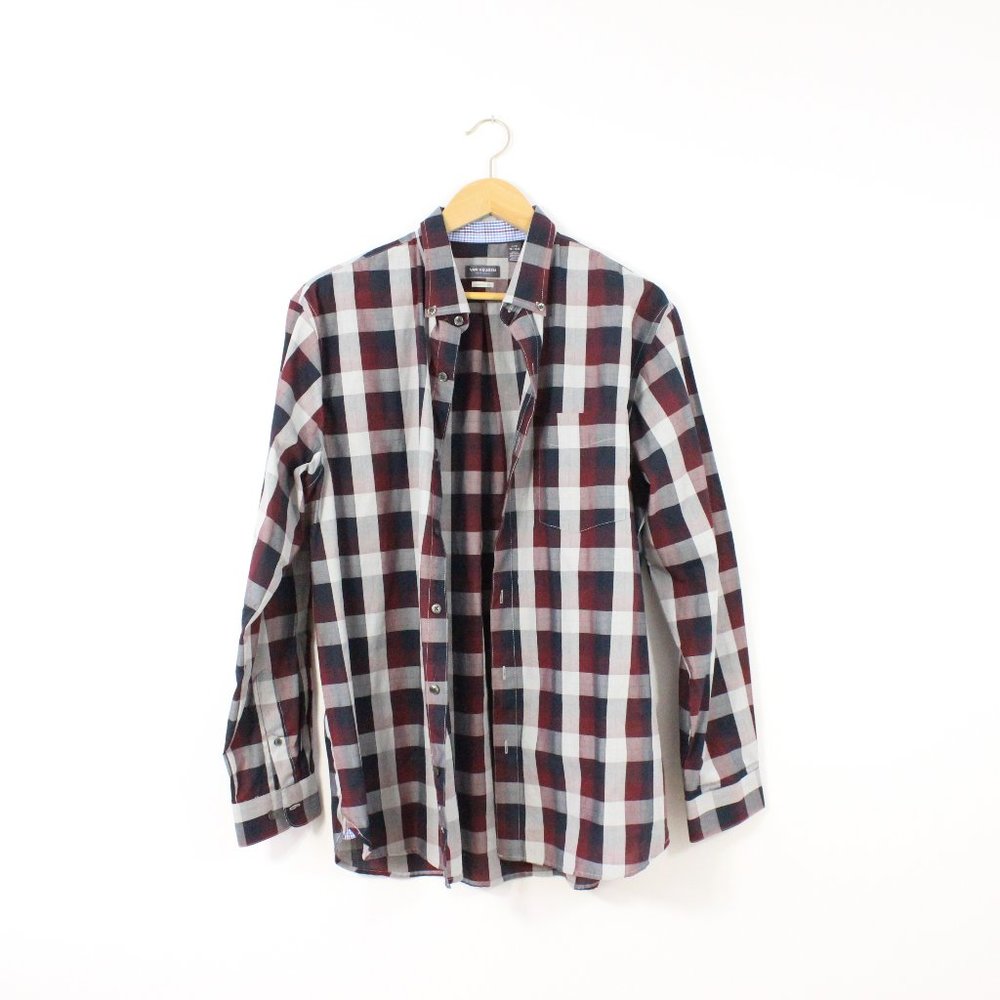 *Van Heusen Mens Red Plaid Button Down